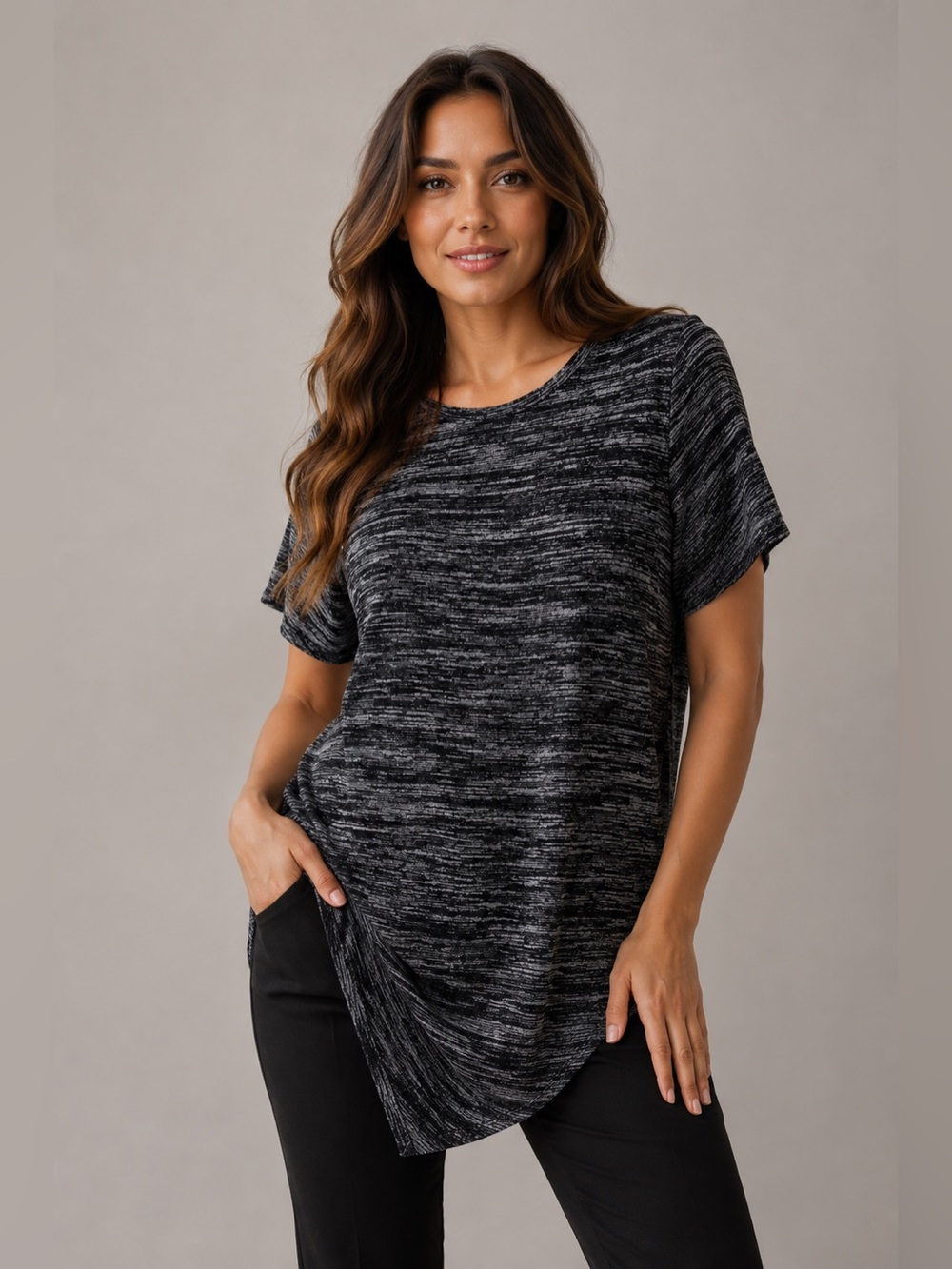 Chelsea & Theodore XL Charcoal Heather Asymmetrical Hem Knit Top Short Sleeve
